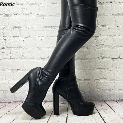 Rontic New Women Spring Flexible Over The Knee Platform Boots Block Heels Round Toe Elegant Black Club Shoes Women US Size 5-20