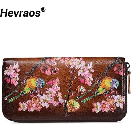100% Genuine Leather Women Wallet Fashion Long Luxury Clutch Bags Floral Wallets Lidy Purses Female Rfid Card Holders Coin Purse