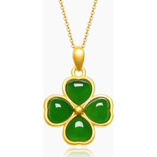 Classical clover green jade gemstones 18k gold color pendant necklaces for women choker chain jewelry bijoux bague birthday gift