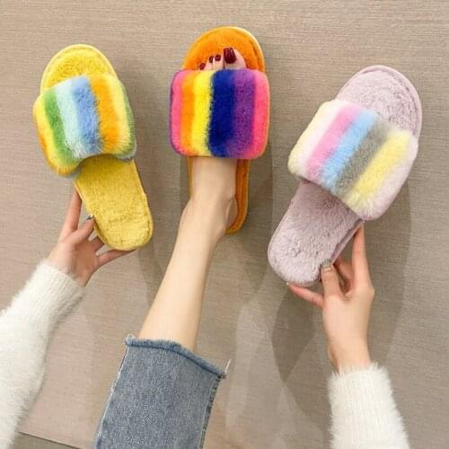 Winter Women House Furry Slippers Fashion Faux Fur Warm Shoes Colorful Slip on Flats Female Home Slides Black Plush Indoor