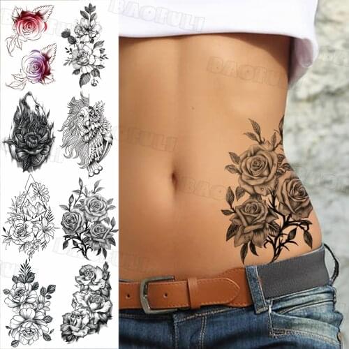 Black Rose Flower Temporary Tattoos For Women Adult Realistic Fake Wolf Lion Geometric Tattoo Sticker Arm Waist Washable Tatoos