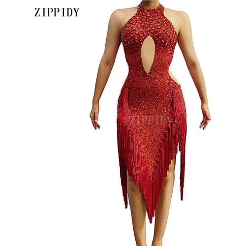 Sparkly Red Crystals Latin Dress Women Evening Birthday Celebrate Wedding Sexy Tassel Dresses Dance Dress