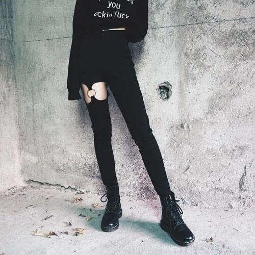 Black Pencil Skinny Pants Women Gothic Hip Hop Hollow Out Patchwork Hollow Out Chain Ring Long Trousers Streetwear Female Pants