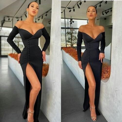 Black Evening Gowns Long Sleeves 2020 High Side Split Mermaid Prom Dresses Satin Custom Made Robe De Soirée
