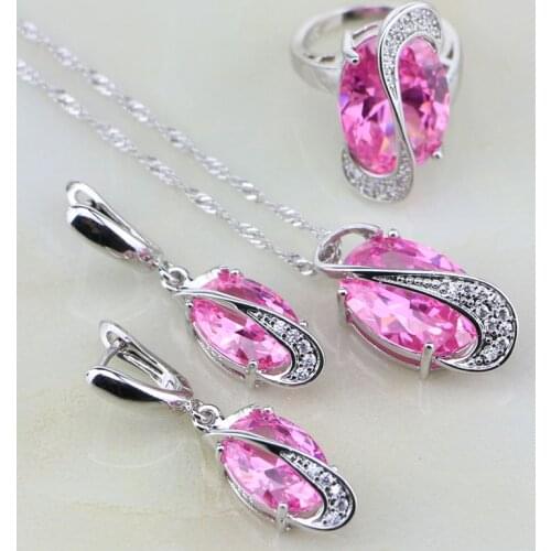 925 Sterling Silver Jewelry Pink Cubic Zirconia White CZ Bridal Jewelry Sets For Women Earring/Pendant/Necklace/Ring