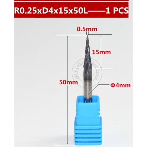 1PCS R0.25*D4*15*50L CNC Tungsten solid carbide Tapered Ball Nose End Mill taper and cone end mills,woodworking router