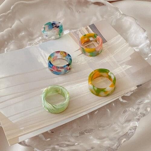 Korea Fashion Vintage Simple Aesthetic Acetate Colorful Acrylic Thick Round Rings Women Girls Jewelry Accessories Gifts Bohemia