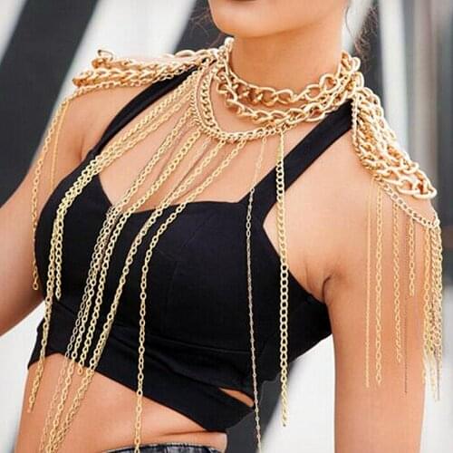 Exaggerated gold metal chain shoulders chain long tassel harness statement necklace women punk party decoration body jewelry