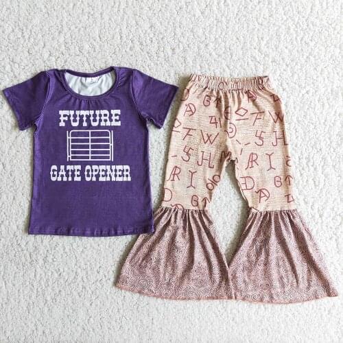 Fashion Purple Solid Color Top Match Letters Design Pants Set For Kids O-Neck High Quality Girls Short Sleeve Outfit