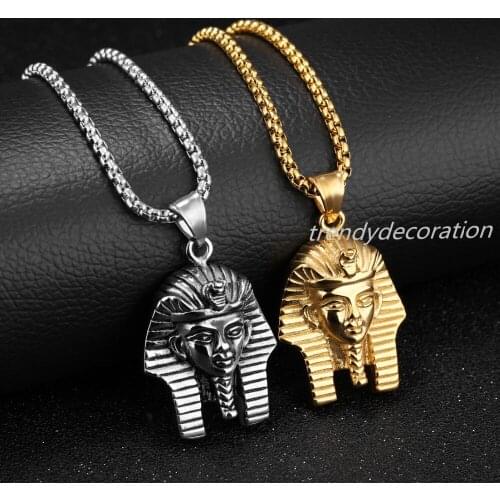 Men Hip hop Pendant 316l Stainless steel Gold Egyptian Pharaoh Head Pendant Necklace Chain Punk Jewelry Free Shipping