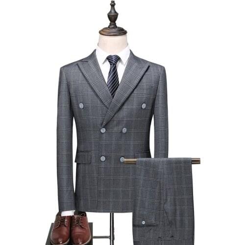Mens Smart Casual Suit Classic Gentleman Simple Three-piece business Male Dress Dark Gray Plaid Suit Set 3pcs