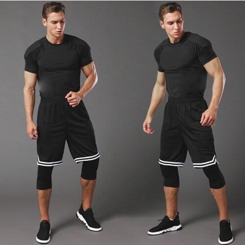 Mens Running Sport Tights Pants Basketball Cropped Compression Leggings Gym Fitness Sportswear for Male Athletic Trousers