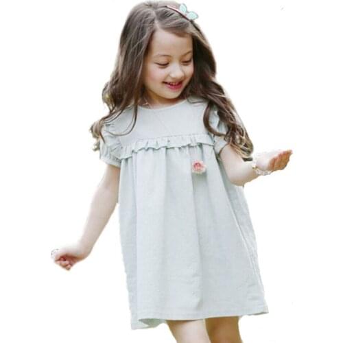 2019 New Summer Kids Clothing Baby Girls Puff Sleeve Dress Solid Green Quality Cotton Linen Casual Children Ruffles Dress
