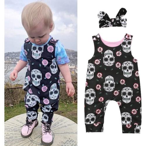 Halloween Novelty Casual Infant Baby Boys Girls Romper Sleeveless Pattern Print Black Cotton Jumpsuits Romper+Headband 0-18M