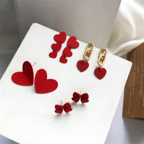 NEW RUANME Red Heart-Shaped Pendant South Korean Women Sweet Bowknot Earrings With A Pair Of Earrings Jewelry Accessories