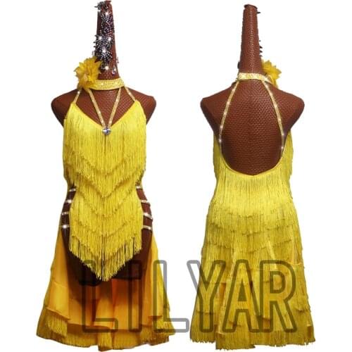 Latin Dance Dress Latin Skirt Competition Dress Costumes Performing Dress Practice Skirt Customize Adult Kids Lady Yellow Tassel