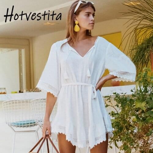 Hotvestita Beach Mini Dress Summer Cotton Loose Swim Suit Cover Up Lace Tassels Women Bikini Smock Belt Corset Sunscreen Kaftan