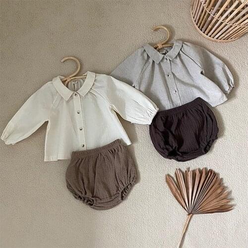 New Summer Korean Cute Baby Boys Girl Clothes Sets Doll Lapel Shirt Long Sleeve Lantern Shorts Suit Childrens Clothing Suit
