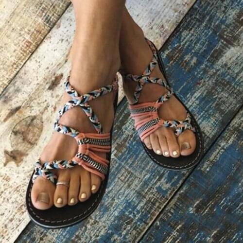 2021 Roman Summer Sandals Shoes Woman Color Matching Rope Knot Beach Toe Sandals Fashion Comfortable Women Plus Size Shoes