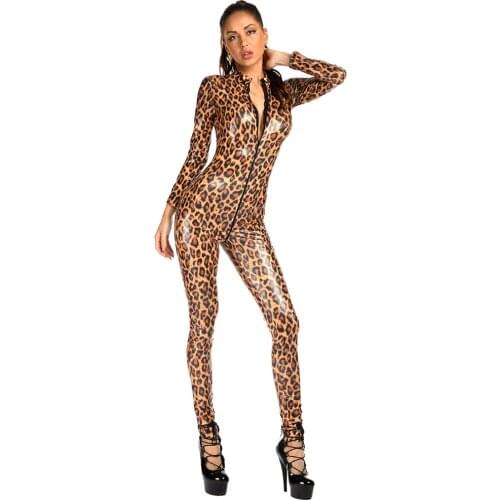 Sexy PVC Wet Look Full Leopard Jumpsuit Sexy Outfits Woman Party Long Fashion Elegance Streetwear One Piece Bodysuit Jumpsuit