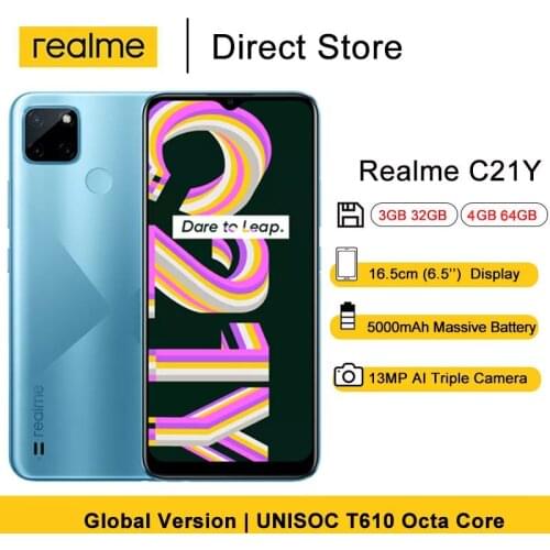 Global Version Realme C21Y Celltphones 6.5" UNISOC T610 Octa-core 13MP Supports reverse charging 5000mAh 3GB 32GB Mobile Phones