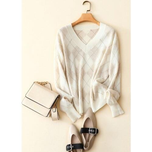 Autumn winter new style v neck sweater female stylish argyle beige high quality knitwear 100% cashmere sweaters jumper