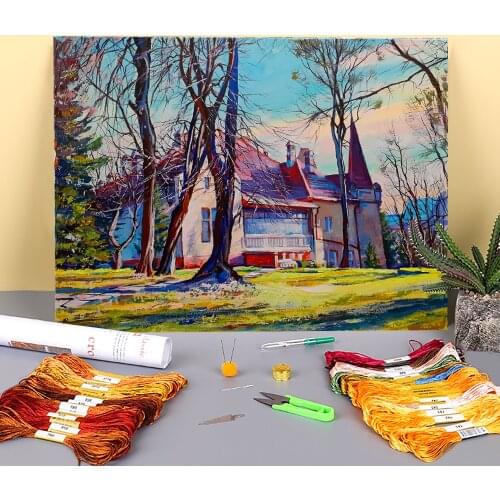 Landscape Old Villa Printed 11CT Cross Stitch Set DIY Embroidery DMC Threads Handicraft Handiwork Sewing Promotions