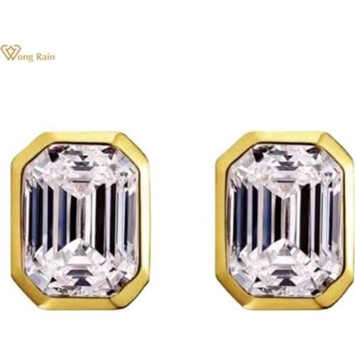 Wong Rain 925 Sterling Silver Emerald Cut Created Moissanite Gemstone Wedding Engagement Ear Studs Earrings Fine Jewelry Gift
