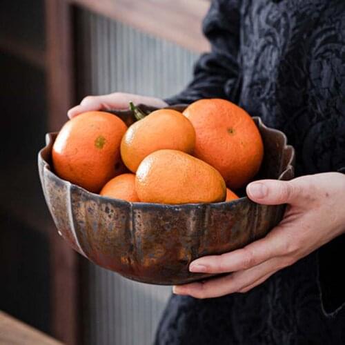 Japanese ceramic fruit plate large retro dish plate household fruit bowl simple plate kiln deep plate round lotus plate