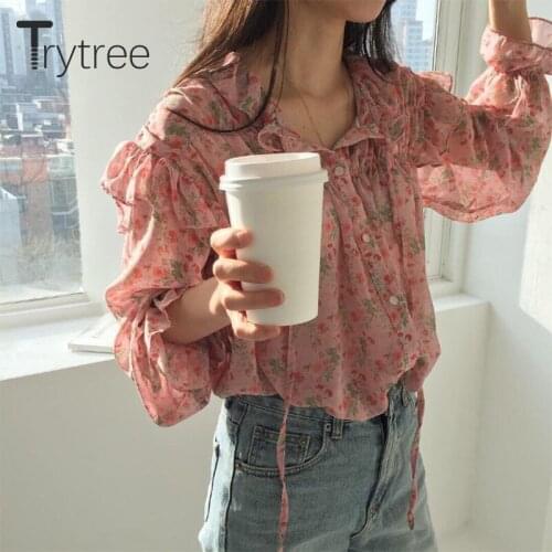 Trytree 2021 Spring Autumn Women Blouse Casual Ruffled Collar Floral Shirt Butterfly Sleeve Office Lady Silky Tops For Women