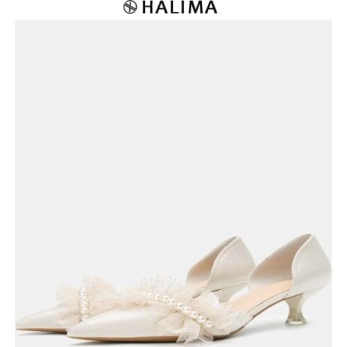 Female Great Shoe Korean Satin Pointed Hollow High Heels Pearl Mesh Air Lace Flowers Pearls Heels Womens Wedding 3cm Pumps