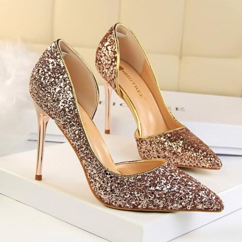 2021 Women 9.5cm High Heels Glitter Low Heel Sequins Sparkly Office Pumps Lady Elegant Female Wedding Bridal Scarpins Gold Shoes