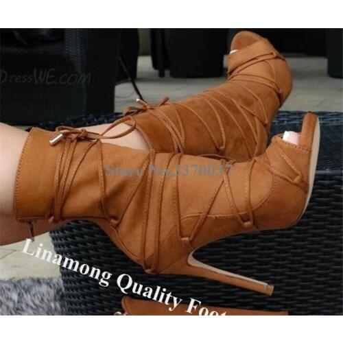 Linamong Women Fashion Peep Toe Suede Leather Stiletto Heel Gladiator Boots Lace-up Straps Banded High Heel Ankle Booties Heels