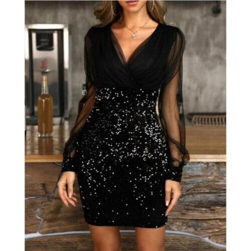 Womens Dress Hot Sale Black Sexy V-neck Long Sleeve Large Size Short Office Lady Dress Sequin Package Hip Woman Wrap Dresses
