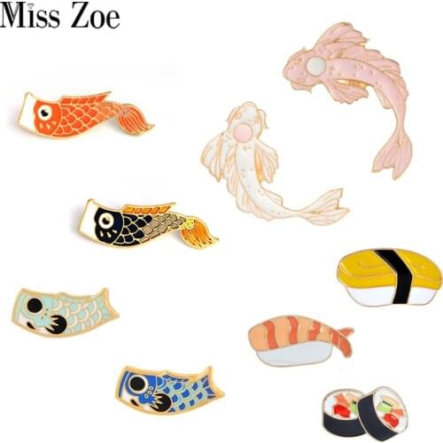 Japanese Style Collection Enamel Pins Koi Squid Flag Brooches Backpack Clothes Lapel Pins Sushi Salmon Badges Cartoon Jewelry