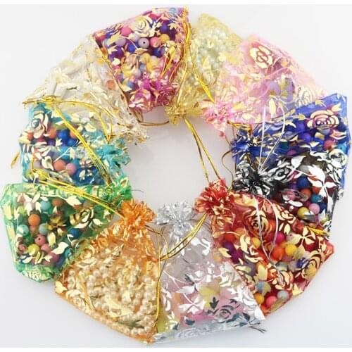 100Pcs 15x20cm 17x23cm 20x30 Gold Color Love Heart Rose Organza Bag Wedding Candy Gift Christmas Bags Jewelry Decoration Packing