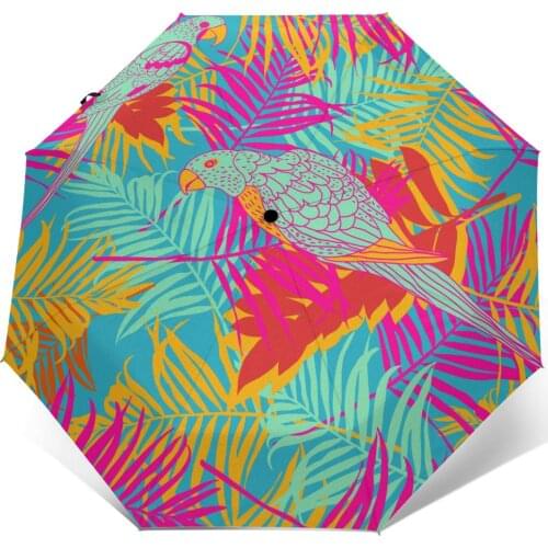 Automatic Umbrella Palm Leaves With Parrots three-fold umbrella women men rain umbrella