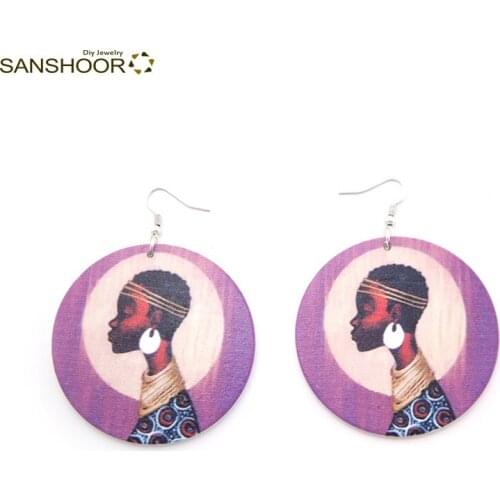 SANSHOOR 6cm Large Printed African Artistic Woman Wood Drop Earrings Afrocentric Ethnic Halloween Jewelry For Women Gift 1Pair
