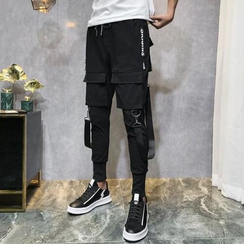 Mens Fashion Pants Streetwear Overalls Black Harem Pants Ribbons Pockets Hip Hop Jogger Pants Casual Pants Trousers Novel New