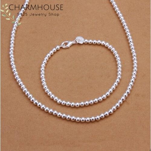 Pure Silver 925 Jewelry Sets for Women 4mm Buddha Bead Ball Chain Necklace Bracelet 2Pcs Costume Jewellery Set Party Accessories