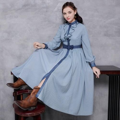 Spring 2020 new collect waist stripe long falbala collar restoring ancient ways of cultivate morality dress 82211