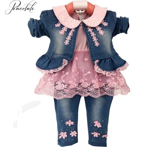 Spring Autumn Infant Toddler Baby Girl Denim Clothing Sets 3 pcs Long Sleeve T Shirt Tops Denim Jacket and Jeans Trousers