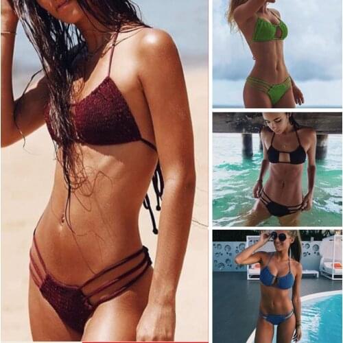 String Bikini Set Triangle Swimsuit Fold Bandage Two Piece Outfits for Women Hollow Out Swimwear Low Waist Fashion Casual 2021