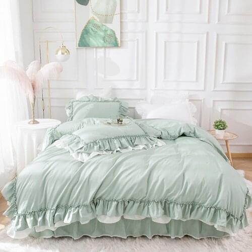 Green Princess Bedding Set Luxury 100% Cotton Ruffles Double Duvet Cover Set Bedspread Bed Skirt Pillowcases Home Textile