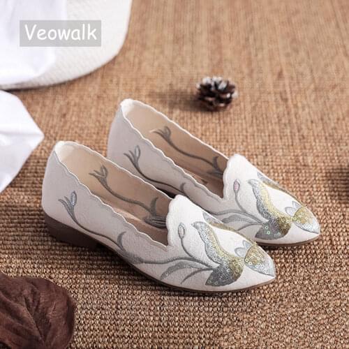 Veowalk Women Soft Jacquard Cotton Embroidered Pointed Toe Flat Shoes Ladies Casual Slip On Sneakers Comfortable Beige Green