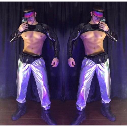 Patent Leather Tops Gogo Dancing Costume For Men Laser Trousers Nightclub Sexy Jazz Pole Dance Performance Stage Wear Suit 3906
