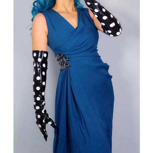 LATEX LONG GLOVES Faux Shine Patent Leather 24" 60cm Large Polka Dot Slim Fit Women Leather Gloves WPU268