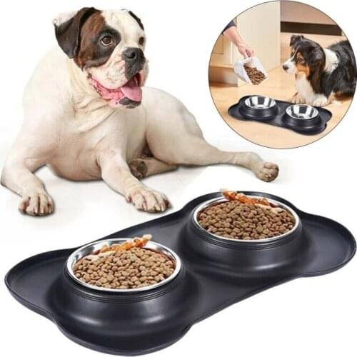 Stainless Steel Dog Bowls Antislip Double Dog Bowl with Silicone Mat Water Food Feeder Pet Feeding Drinking Bowls for Dogs Cats