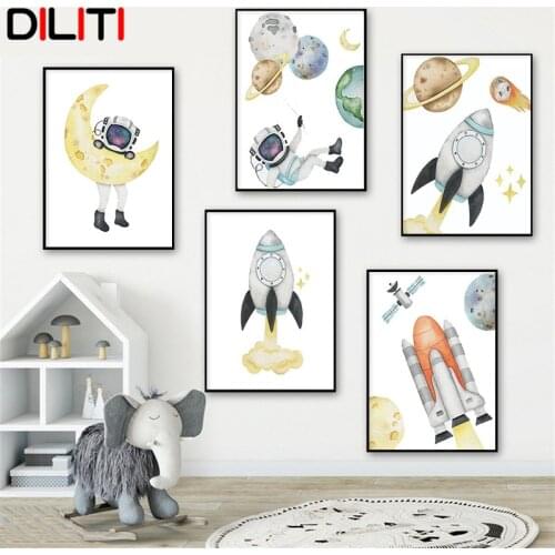 Nordic Space Astronaut Planet Rocket Canvas Painting Moon Nursery Wall Art Picture Baby Kids Room Posters and Prints Decor