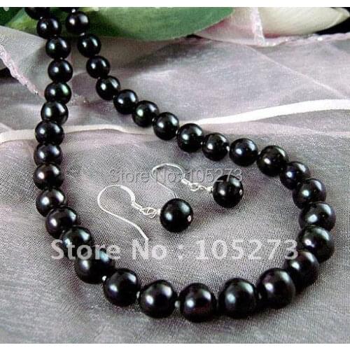 Classic AAA 8-9MM Black Color Genuine Freshwater Pearl Necklace Earring Fashion Pearl Jewelry Set Wholesale New Free Shipping